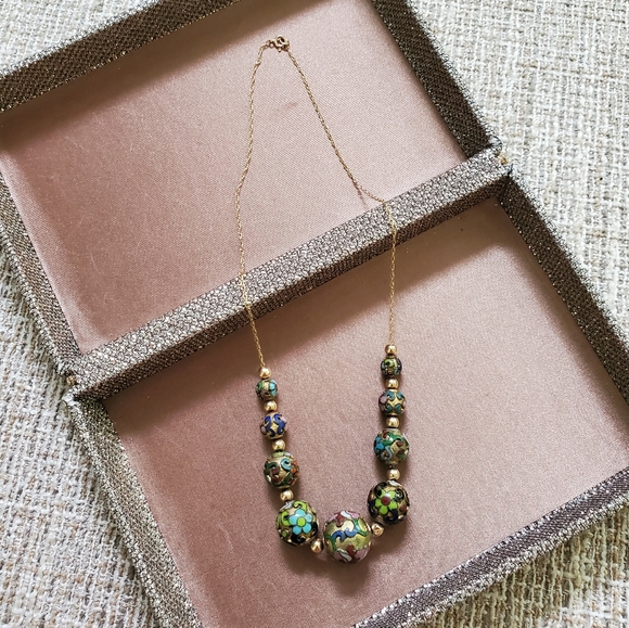 Vintage 14k Gold Cloisonne Bead Necklace - Picture 4 of 9